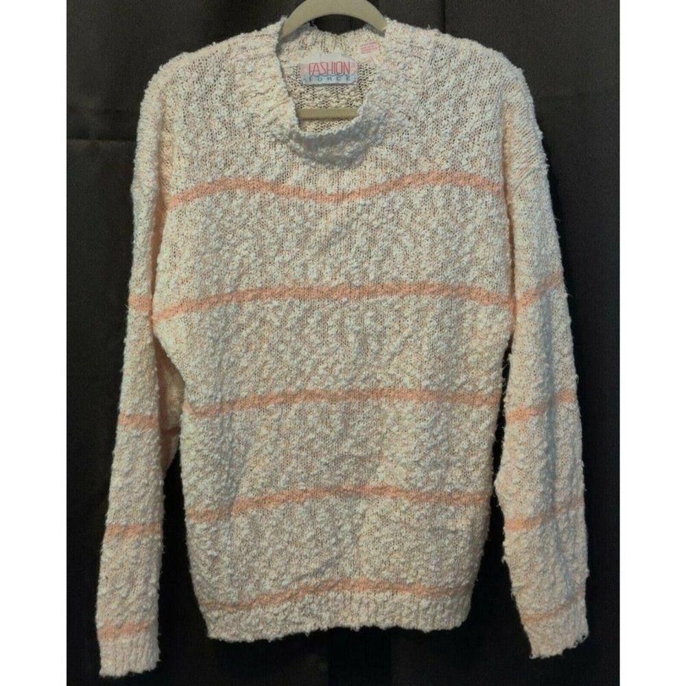 Fashion Force Womens Striped Popcorn Knit Crew Neck Sweater Cream Peach Small